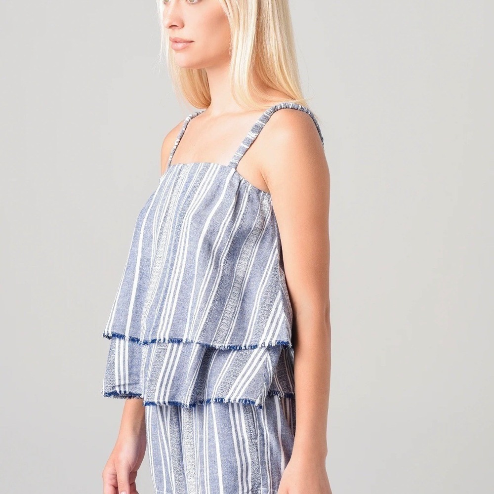 Bella Dahl Blue White Striped Tiered Ruffle Frayed Cami Tank Top Womens Med EUC
